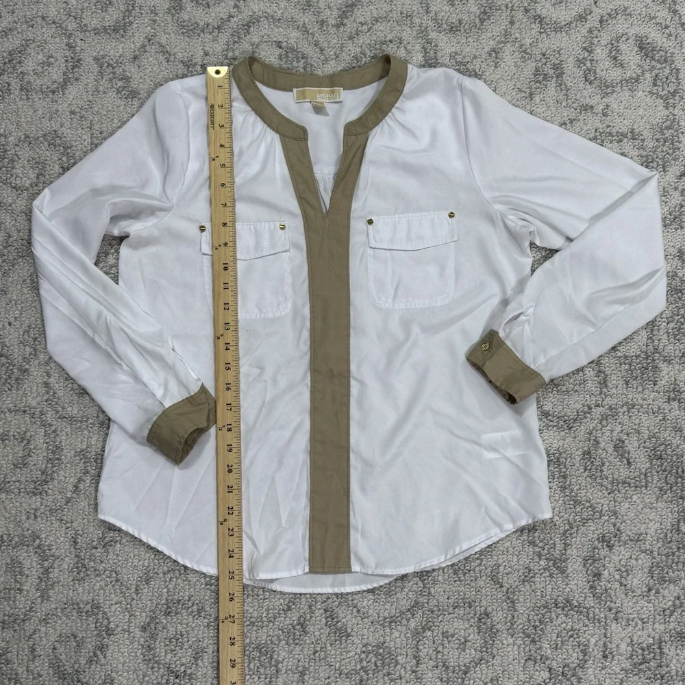 Michael Kors White Pullover V‎ Neck Blouse Pockets Women's Size Medium